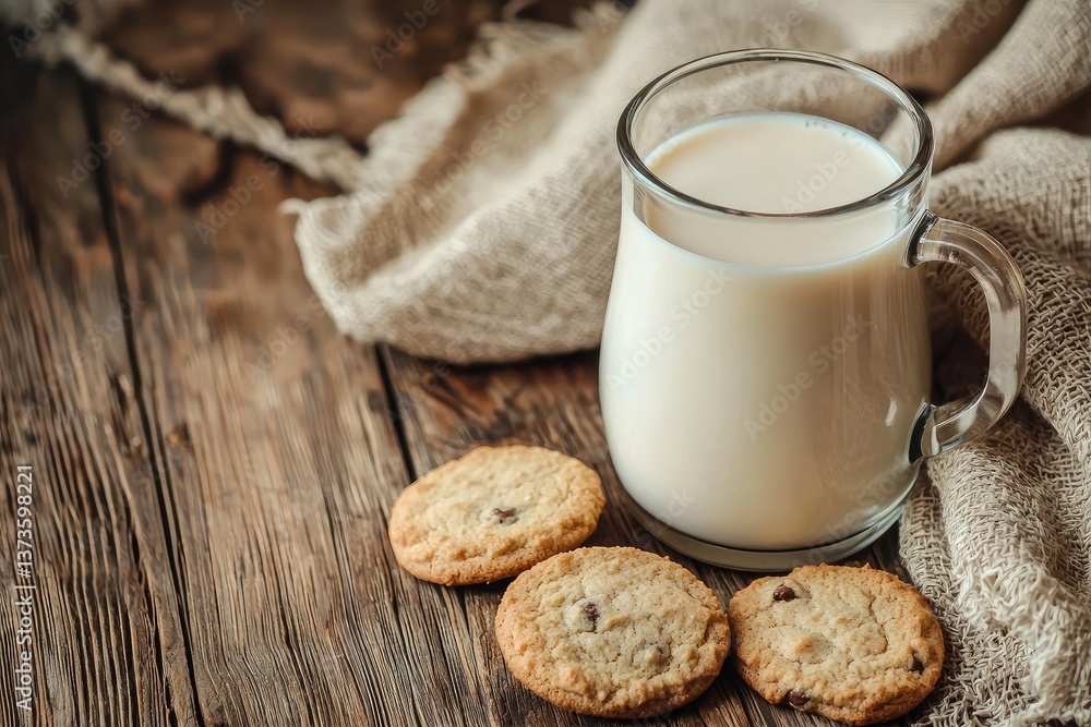 A glass of milk on the table with cookies, close-up, natural lighting, wooden background A glass of milk on the table with cookies, close-up, natural lighting, wooden background
