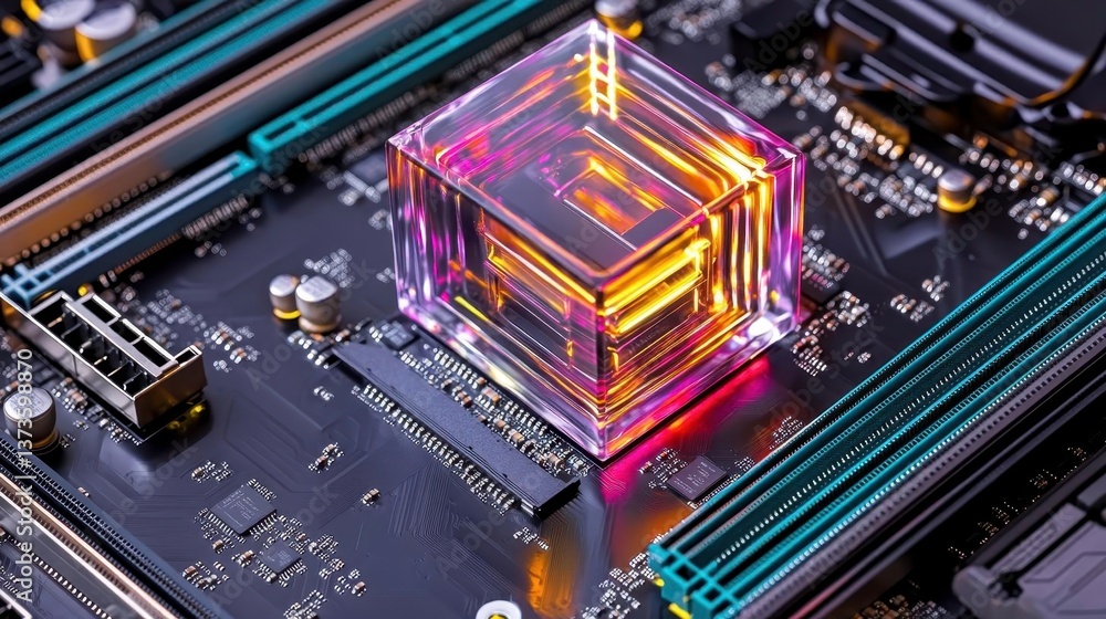 Fototapeta premium Futuristic CPU, Tech Motherboard, Glowing Chip - Futuristic technology