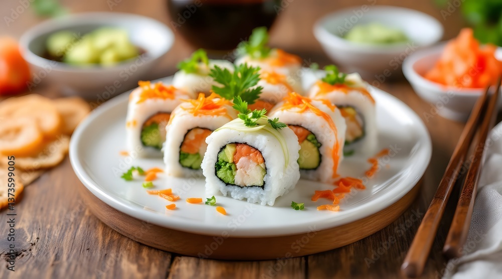 Delicious sushi with salmon and cucumber on a plate Delicious sushi with salmon and cucumber on a plate
