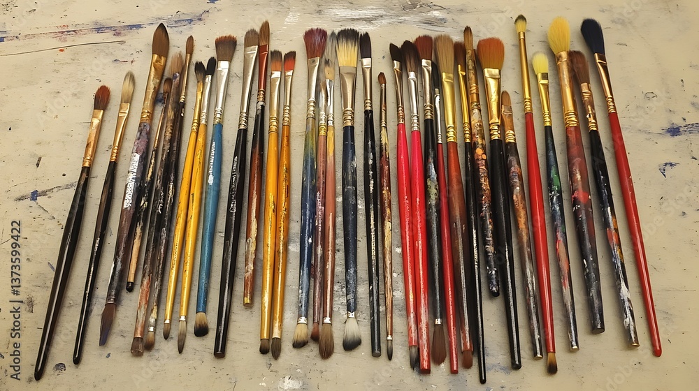 Professional Collection of Paintbrushes Arranged on Table Surface - Art Supplies Studio Shot Professional Collection of Paintbrushes Arranged on Table Surface - Art Supplies Studio Shot