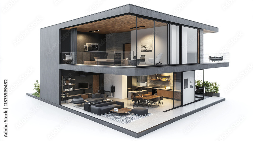 Modern loft style house with open design and large windows Modern loft style house with open design and large windows