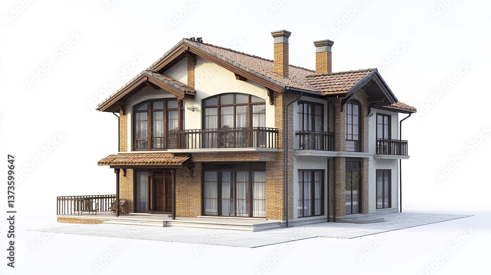 Two story house with brick facade and large windows on white background Two story house with brick facade and large windows on white background