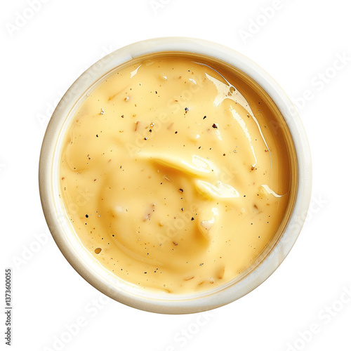 Bowl of smooth, melted queso cheese dip with a rich, creamy texture. Isolated on a transparent background