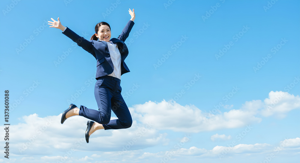 Japanese businesswoman jumping against clear blue sky, AI generated Japanese businesswoman jumping against clear blue sky, AI generated