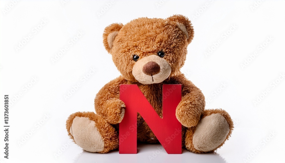 Obraz premium Cute brown teddy bear with letter N. Baby name reveal after child birth. Stuffed animal isolated on white background