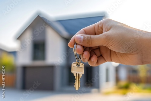 hand holding house keys in front of modern home, symbolizing real estate or homeownership