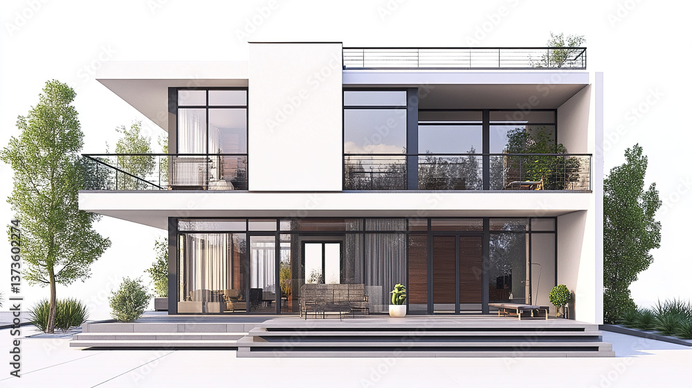 Fototapeta premium Modern two story house with large windows and minimalist design