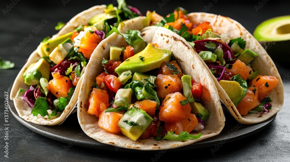 Delicious close-up of four fresh salmon tacos garnished with creamy avocado, vibrant red cabbage, and aromatic cilantro on a dark gray plate Delicious close-up of four fresh salmon tacos garnished with creamy avocado, vibrant red cabbage, and aromatic cilantro on a dark gray plate