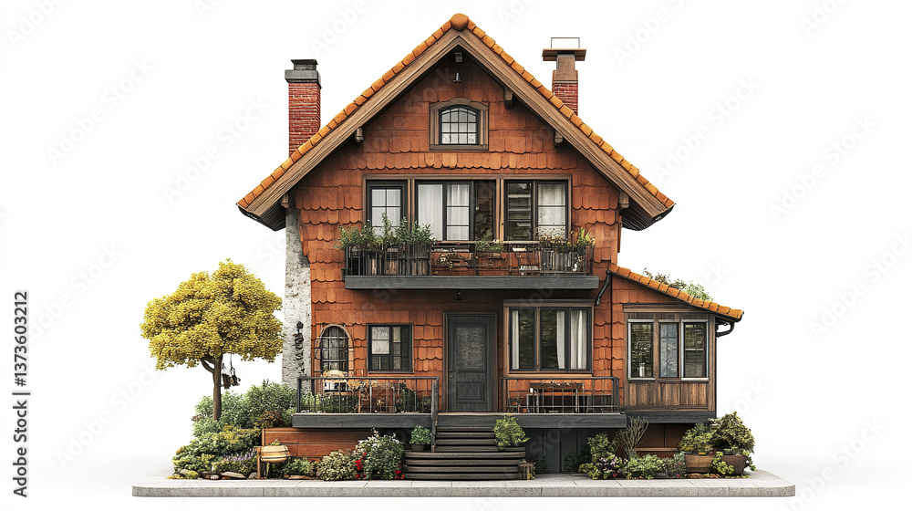Charming loft style house with lush garden on white background Charming loft style house with lush garden on white background