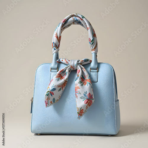  Light blue handbag adorned with a floral print scarf tied around the handle. GENERATIVE AI