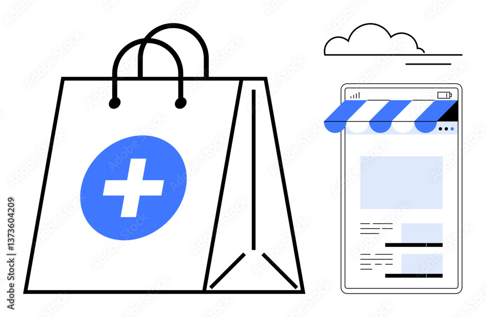 Obraz premium Shopping bag with medical cross icon next to an online store webpage and cloud illustration. Ideal for e-commerce, digital shopping, medical supplies, online marketplace, health tech, cloud services