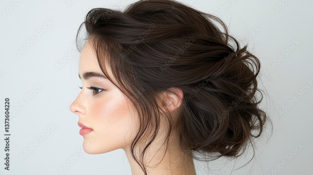 Fototapeta premium Chic Modern Hairstyle Dark Brown Loose Bun Updo