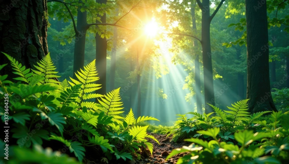 Obraz premium Sunlight filtering through fern fronds in the forest canopy above, light, sunbeams