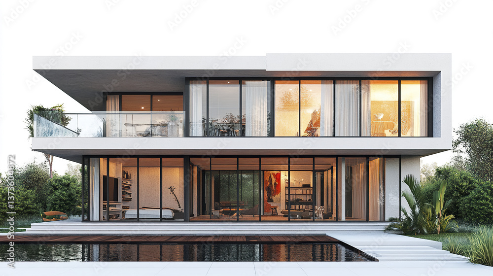 Modern two story house with large windows and pool, surrounded by greenery Modern two story house with large windows and pool, surrounded by greenery