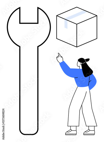 Female figure gestures toward oversized wrench and taped box. Ideal for repair, maintenance, logistics, assembly, instruction, innovation, teamwork. Minimal flat simple metaphor