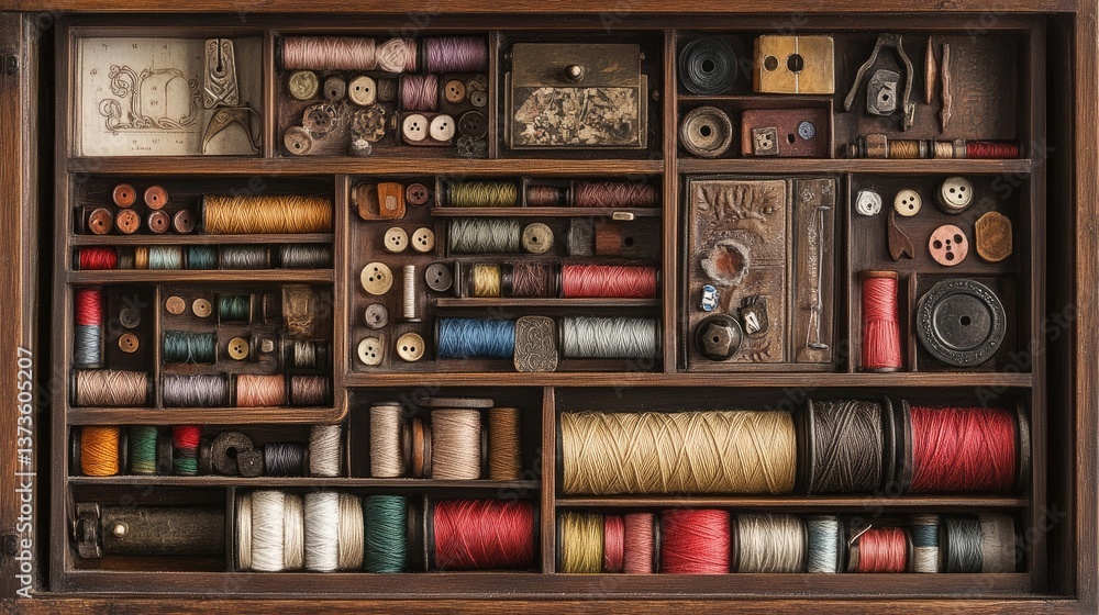 A beautifully arranged sewing kit with spools of thread and buttons A beautifully arranged sewing kit with spools of thread and buttons