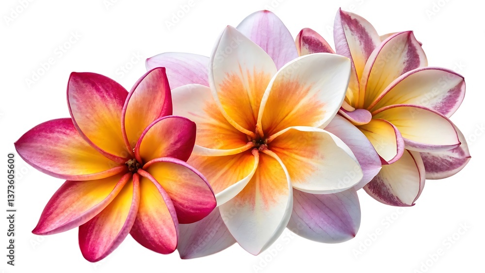 Naklejka premium Stunning Close-Up of Pink and White Plumeria Flowers on a Branch Perfect for Floral Arrangements and Nature Photography