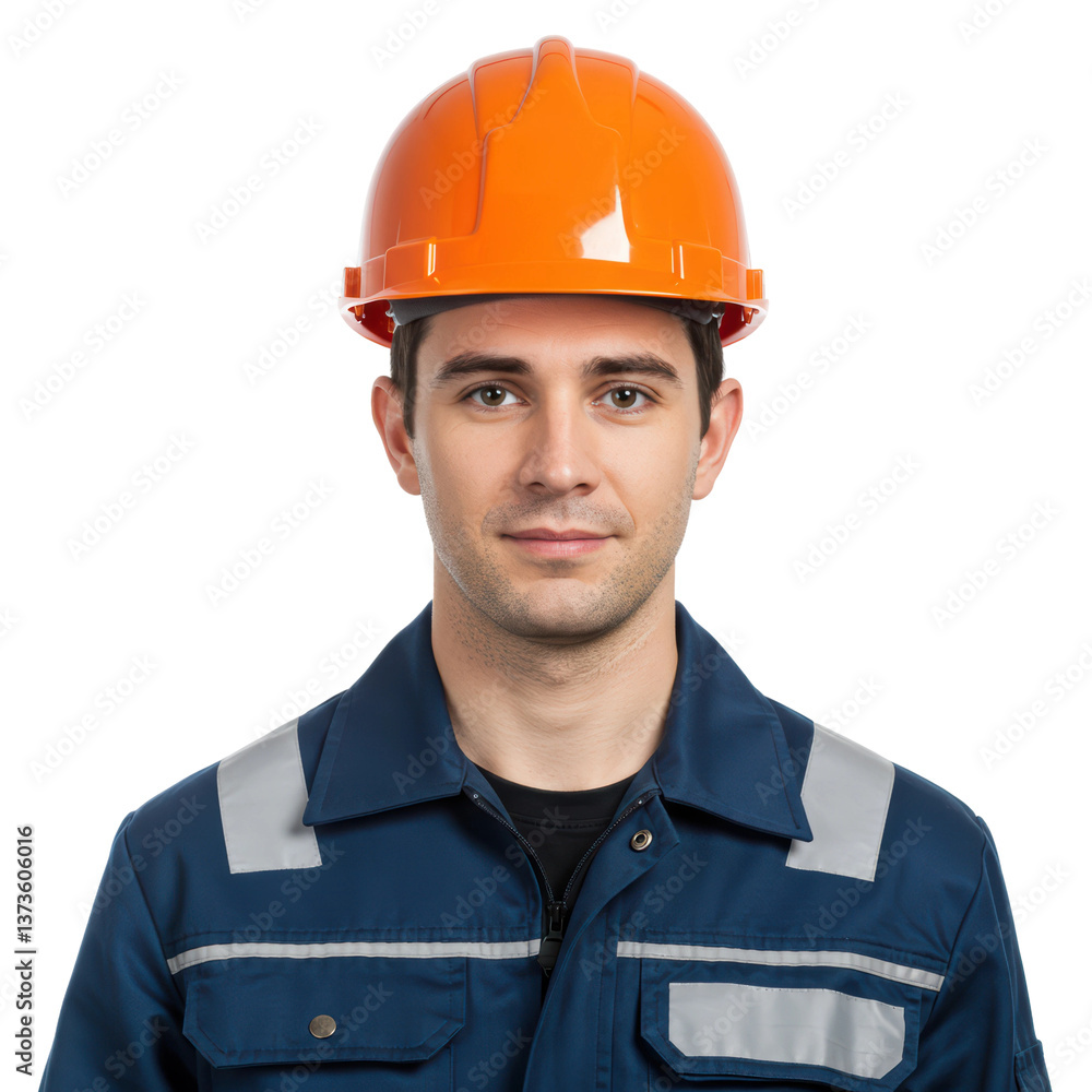 Confident male construction worker in hard hat and blue work clothes smiles in the studio. Confident male construction worker in hard hat and blue work clothes smiles in the studio.