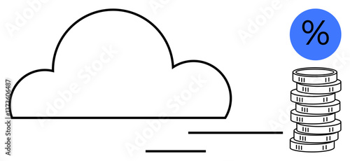 Cloud outline alongside a coin stack and percentage sign emphasizing financial themes. Ideal for savings, technology, finance, data storage, cost monitoring, cloud economy, budgeting. Flat simple