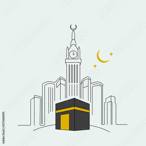 Line illustration of the holy Kaaba in Mecca in Saudi Arabia. vector cube continuous line on white background