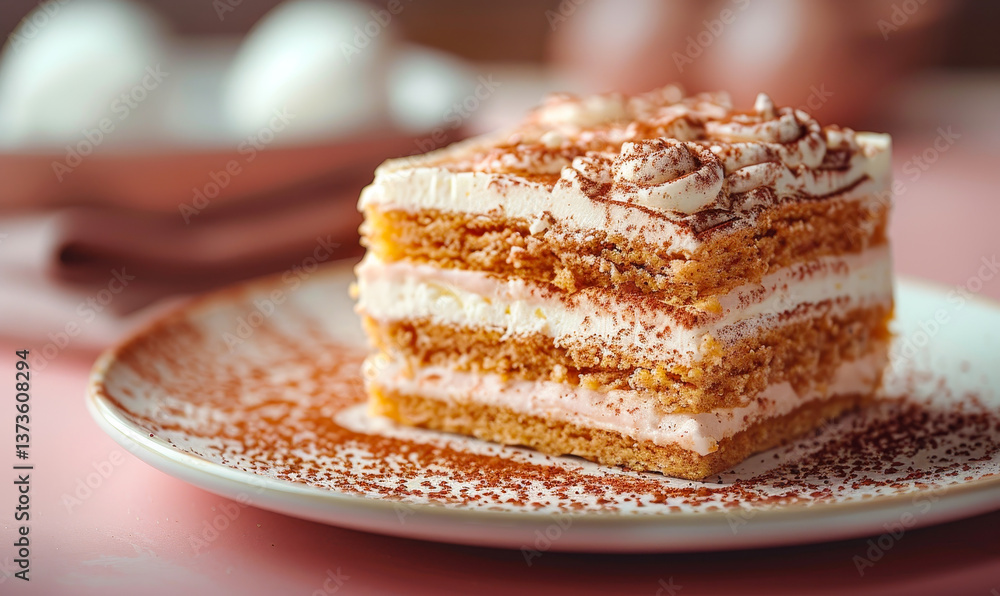 Delicious Tiramisu Dessert on a White Plate with Cocoa Powder and Soft Background Lighting, Perfect for Italian Cuisine and Sweet Treats Delicious Tiramisu Dessert on a White Plate with Cocoa Powder and Soft Background Lighting, Perfect for Italian Cuisine and Sweet Treats