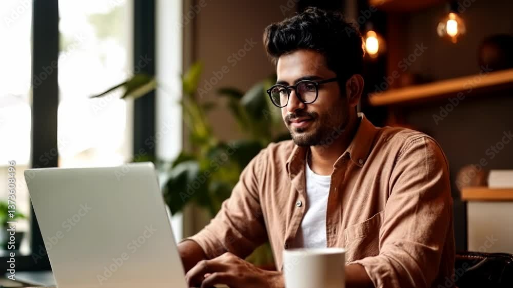 A smiling man in glasses works on a laptop in a cozy room. The video captures a side angle, highlighting a warm, relaxed atmosphere with soft lighting. A smiling man in glasses works on a laptop in a cozy room. The video captures a side angle, highlighting a warm, relaxed atmosphere with soft lighting.