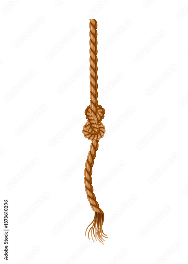 Hanging rope with tassel and node. Knitted nautical thread or marine vertical fiber. Textile tassel hang at rope isolated on white background. Vector illustration