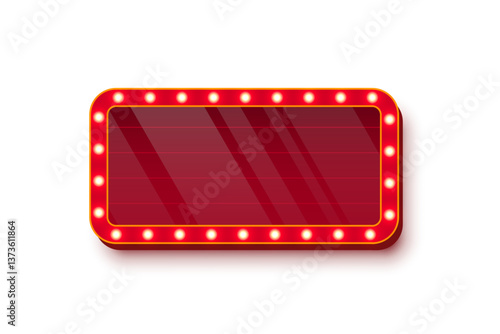 Retro casino light sign with red glass surface and golden bulbs around edges on white background. Circus, cinema, theater banner with place for text. UI interface element. Vector illustration.