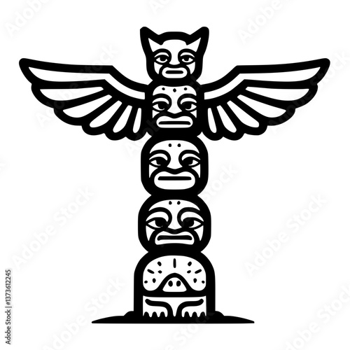 and illustration of a totem pole with stacked faces and wings on the second figure creating a symmetrical and stylized design