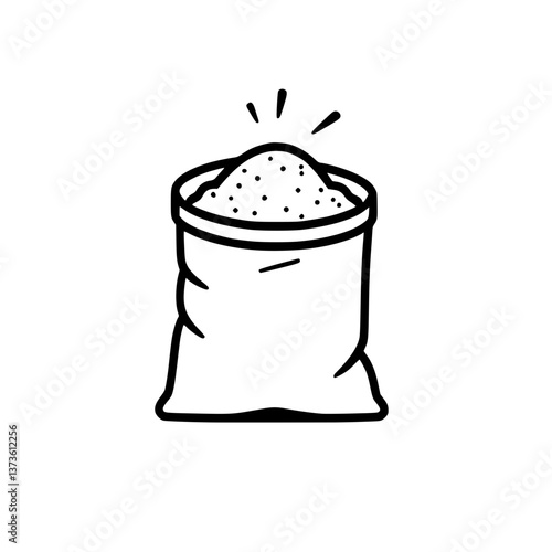 A simple line drawing of a sack The bag is filled with a pile of material that has small circular marks on it and has some small lines above it