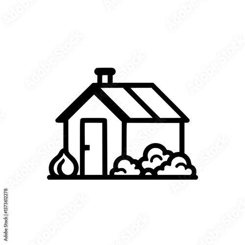 Stylized icon of a building with a chimney shrubbery and a flame or bulb-shaped object to the side presented in a minimalist -and- design