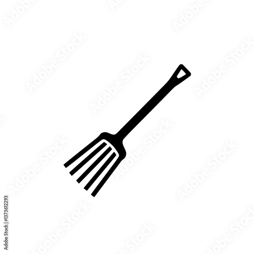 A and vector illustration of a four-tined pitchfork used for gardening or farming set against a clean minimalist