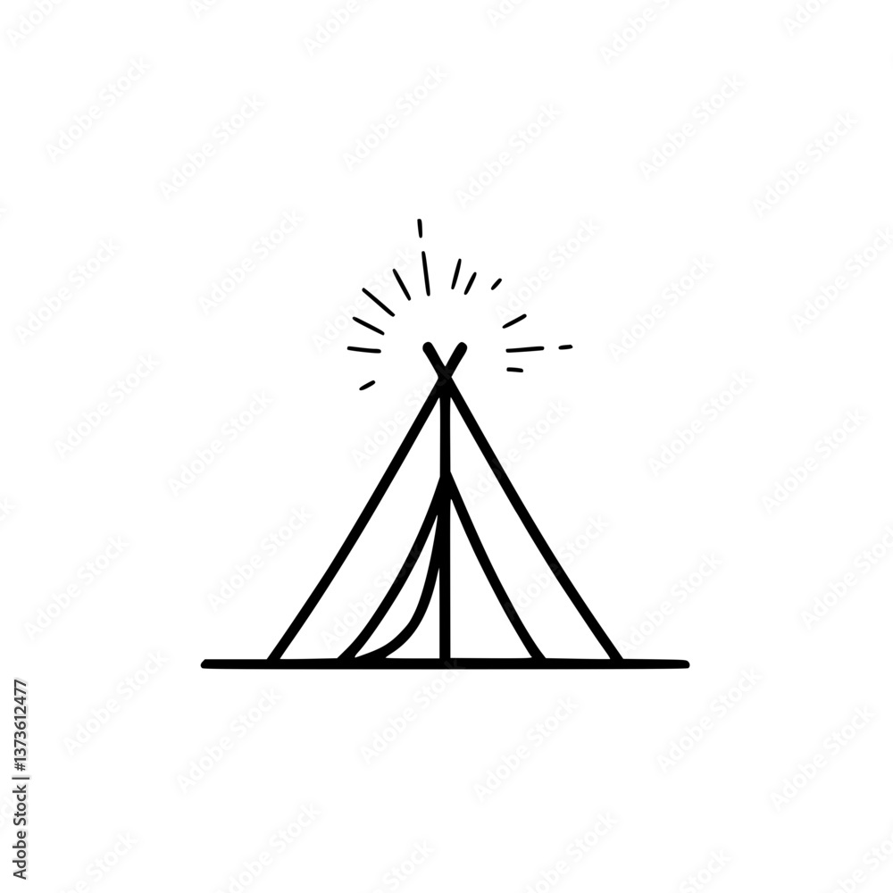 Simple line drawing of a tent with light radiating from the top evoking a sense of adventure and outdoors exploration Simple line drawing of a tent with light radiating from the top evoking a sense of adventure and outdoors exploration