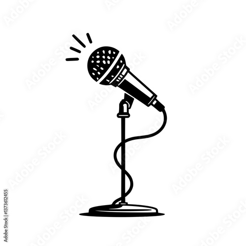 A classic microphone on a stand ready for a performance or recording Perfect for music speech or broadcast applications