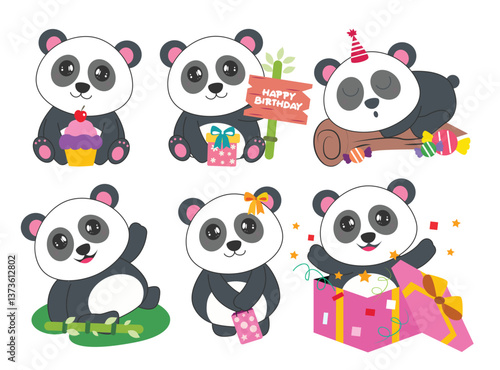 Panda birthday character clipart drawing set. Cute bear animal bday party icon clip art collection with surprise gift box, happy birthday signboard, tree branch and bamboo elements vector illustration