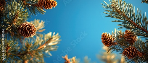 Pine cones, sunlit branches, blue sky, forest background; nature wallpaper