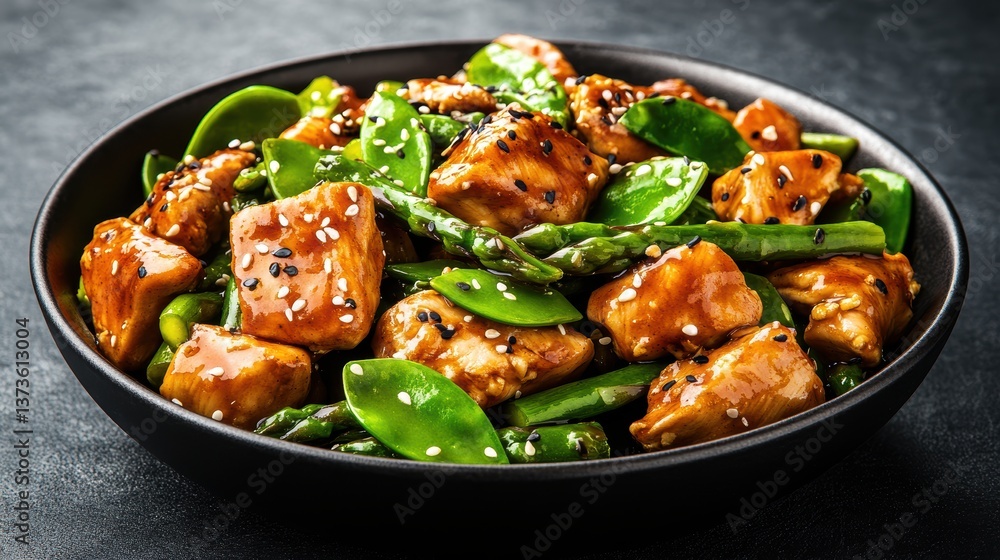 A dark bowl brimming with teriyaki chicken stir-fry featu vibrant asparagus spears and sweet peas garnished with sesame seeds delightfully arranged A dark bowl brimming with teriyaki chicken stir-fry featu vibrant asparagus spears and sweet peas garnished with sesame seeds delightfully arranged