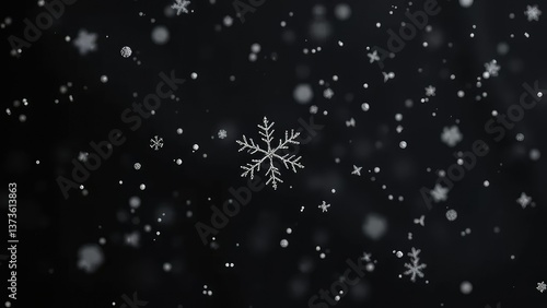 Delicate snowflakes fall gently on black canvas, serene, peaceful, snowflake