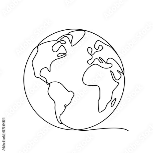 Line vector illustration of globe, planet earth with continents in abstract style. Sketch with continuous line.