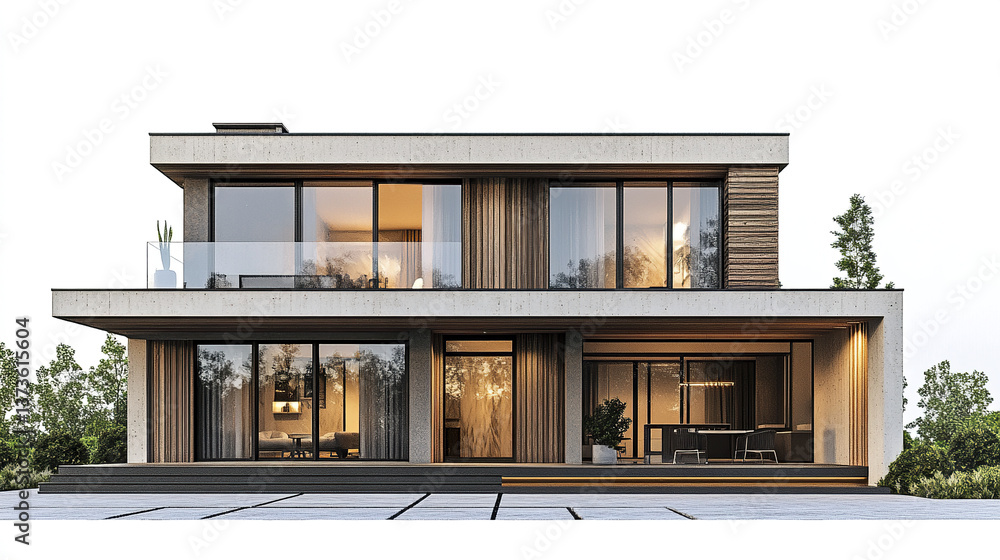 Fototapeta premium Modern two story house with large windows and minimalist design