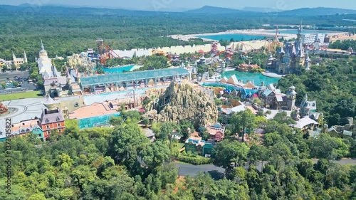 A Stunning Aerial View of an Grand World Phu Quoc Castle Surrounded by Beautiful Water Features