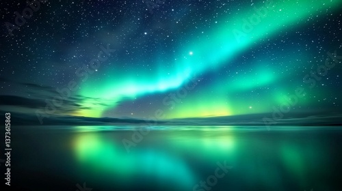 Wallpaper Mural Vibrant Green-Blue Aurora Borealis Reflecting on Northern Sea Waves Under a Starry Cosmic Sky Torontodigital.ca