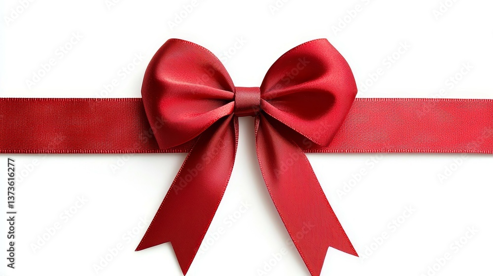 Large Red Ribbon Bow Centered on Straight Ribbon, Perfect for Birthday or Christmas Banners - Isolated on white Background Large Red Ribbon Bow Centered on Straight Ribbon, Perfect for Birthday or Christmas Banners - Isolated on white Background
