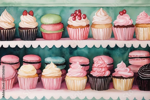 Wallpaper Mural Colorful Display of Cupcakes and Macarons on a Dessert Shelf Torontodigital.ca