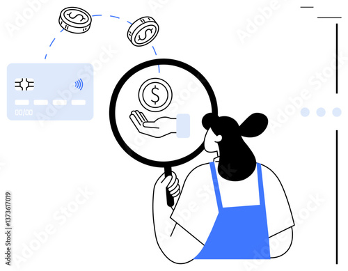 Woman analyzing hand holding coin under magnifying glass, connected to digital card with coins in motion. Ideal for finance, analysis, budgeting, savings, transactions, fintech digital economy. Flat