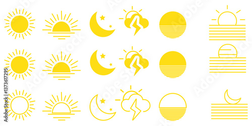 Weather flat icons set. Parts of the Day Morning, Afternoon, Noon, Evening ,Night Icons. Sunset and Night Icons, Simple glyph silhouette signs for web.