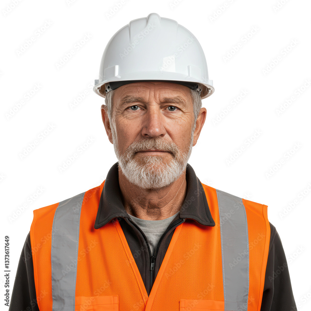Portrait of a serious, experienced construction worker wearing a hard hat and safety vest. Portrait of a serious, experienced construction worker wearing a hard hat and safety vest.