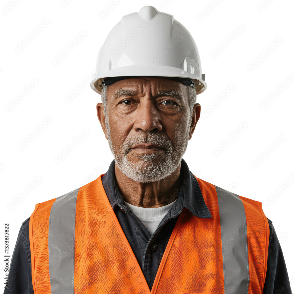 An experienced construction worker with a serious expression, wearing a hardhat and safety vest. An experienced construction worker with a serious expression, wearing a hardhat and safety vest.