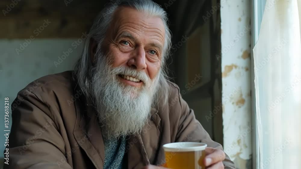 An old man with a beard and a beard is sitting in a room with a cup of beer An old man with a beard and a beard is sitting in a room with a cup of beer