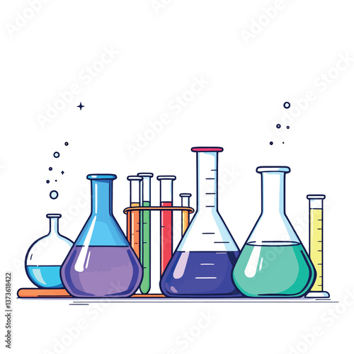 Laboratory glassware containing colorful chemical liquid for scientific experiment
